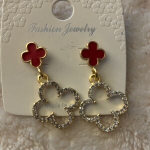 Gold-Tone Red Clover Drop Earrings with Crystal Accents